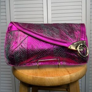 Jimmy Choo Metalic Pink Green/Gray Snake Skin Embossed Leather Clutch Bag Purse
